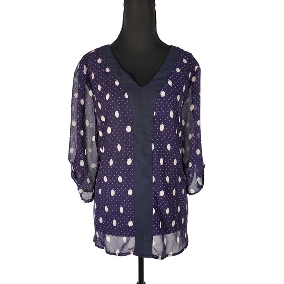 Ivestments‎ Polka Dot Blouse Sheer 3/4 Sleeve V-Neck Top Size PL - Picture 2 of 8